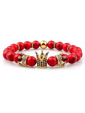 Crown Beaded Bracelet King Queen Charm Agate Stone Stretch Couple Jewelry